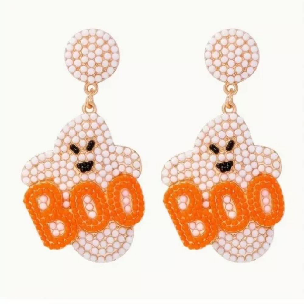 Seed Bead Pearl And Gold, Ghost Dangle Earrings, With Orange Boo- Halloween